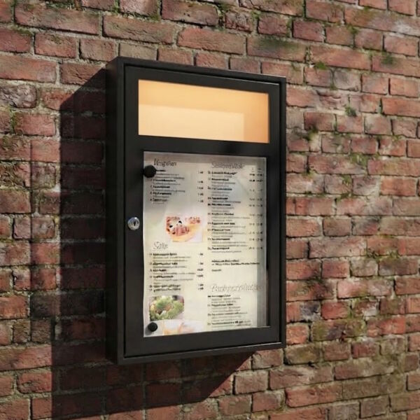 Wetterfester Menükasten mit Beleuchtung für eine DIN A4 Seite und einer Milchglasblende für Logodruck Modell FOOD-5.